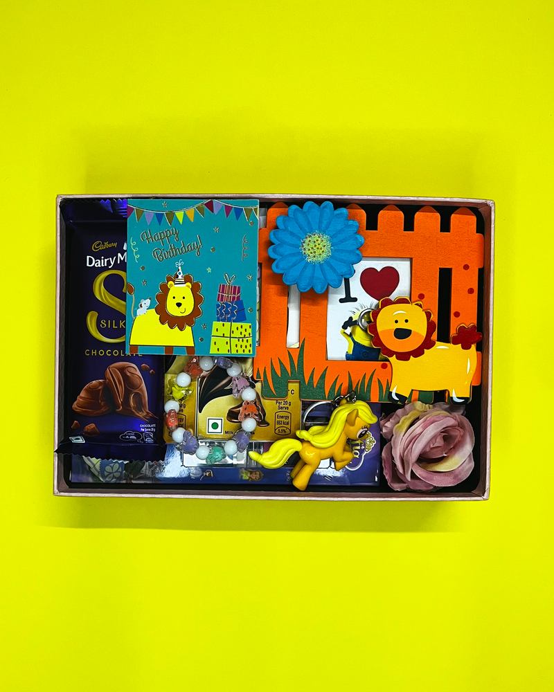 Kids' birthday hamper with a lion photo frame, a flower clip, a pony toy and chocolates