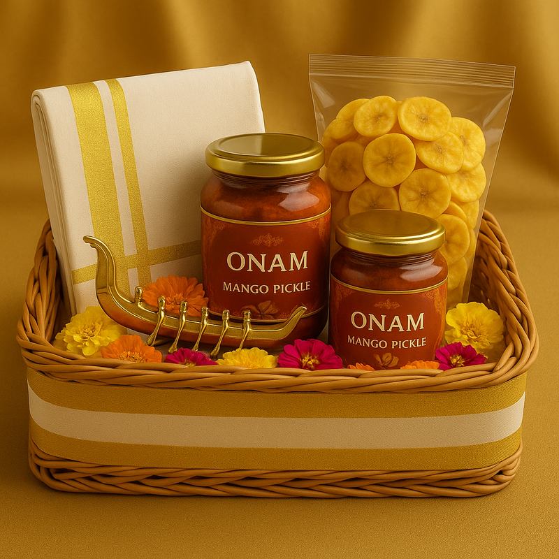Onam hamper with mango pickle, banana chips, kasavu cloth and a golden snake boat