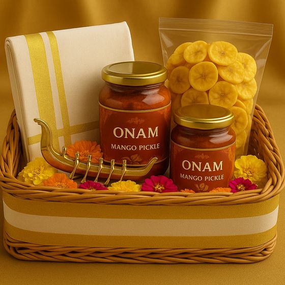 Onam gift hamper with kasavu cloth, a golden snake boat, banana chips and mango pickle